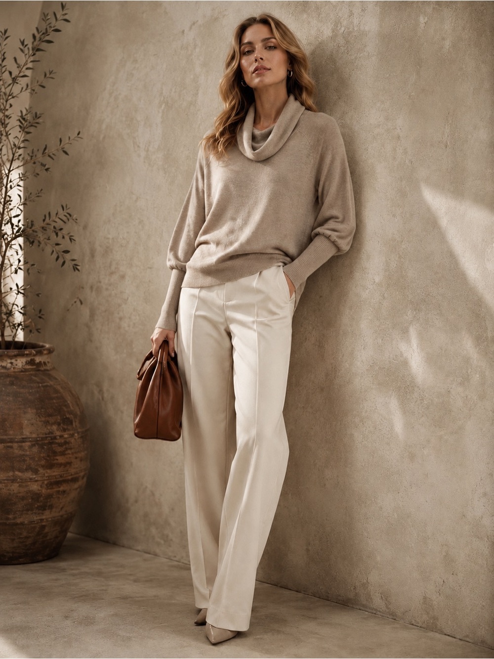 Extra Fine 100 Merino Wool Cowl Neck Balloon Sleeves Taupe Sweater L Minimalist